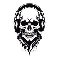 Super black and white outline etching on a skull wearing a headphone vector