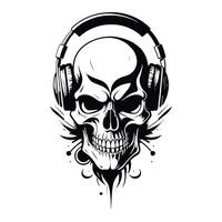 Amazing black and white outline etching on a skull wearing a headphone vector