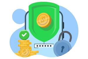 payment security concept, data and transaction protection, online payment security, Smartphone with debit card, dollar coin. flat illustration on background. vector