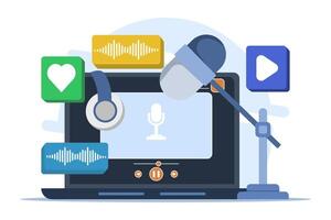 Radio and podcast concept, radio host talking into microphone and interviewing guests, Online or audio podcast, Live interview, listen to interview show, Podcast player. vector