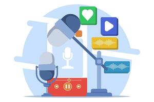 Radio and podcast concept, radio host talking into microphone and interviewing guests, Online or audio podcast, Live interview, listen to interview show, Podcast player. vector