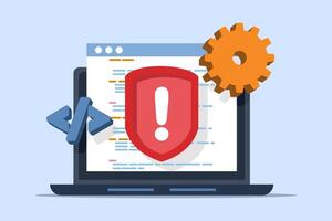 Bug Testing Concept and TJ process with error detection. Software quality assurance with coding issues Debugging with AI. Code review automation testing. Software development, debugging and control. vector