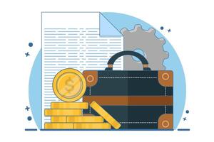 Concept Design Portfolio, Illustration of Briefcase with Documents and Gold Coins. Business Icon Concept. Flat Cartoon Style Suitable for Landing Web Page, Banner, Sticker, Background. vector