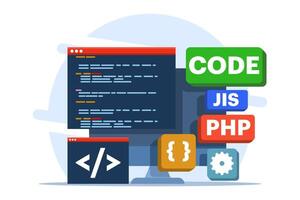 Web development concept, web design, computer programming, mobile app design, coding, software, programming languages, website. flat illustration on background. vector