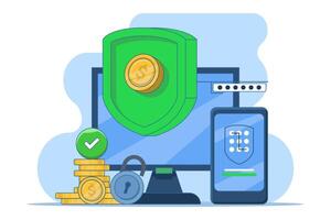 payment security concept, data and transaction protection, online payment security, Smartphone with debit card, dollar coin. flat illustration on background. vector