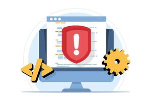 Bug Testing Concept and TJ process with error detection. Software quality assurance with coding issues Debugging with AI. Code review automation testing. Software development, debugging and control. vector