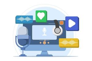 Radio and podcast concept, radio host talking into microphone and interviewing guests, Online or audio podcast, Live interview, listen to interview show, Podcast player. vector
