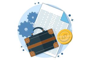 Concept Design Portfolio, Illustration of Briefcase with Documents and Gold Coins. Business Icon Concept. Flat Cartoon Style Suitable for Landing Web Page, Banner, Sticker, Background. vector