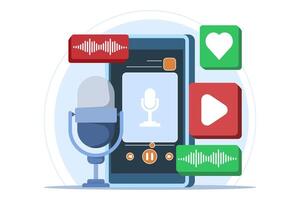 Radio and podcast concept, radio host talking into microphone and interviewing guests, Online or audio podcast, Live interview, listen to interview show, Podcast player. vector
