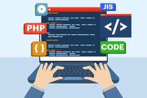 Web development concept, web design, computer programming, mobile app design, coding, software, programming languages, website. flat illustration on background. vector