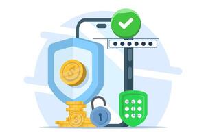 payment security concept, data and transaction protection, online payment security, Smartphone with debit card, dollar coin. flat illustration on background. vector