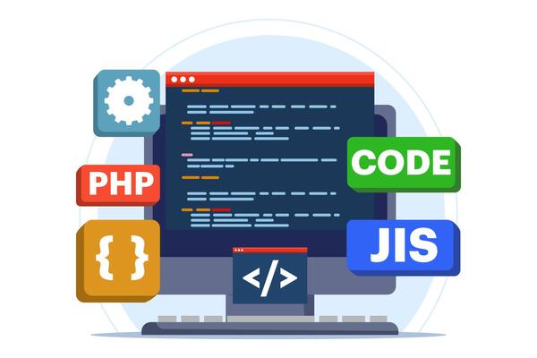 Web development concept, web design, computer programming, mobile app design, coding, software, programming languages, website. flat illustration on background.
