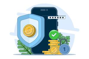 payment security concept, data and transaction protection, online payment security, Smartphone with debit card, dollar coin. flat illustration on background. vector