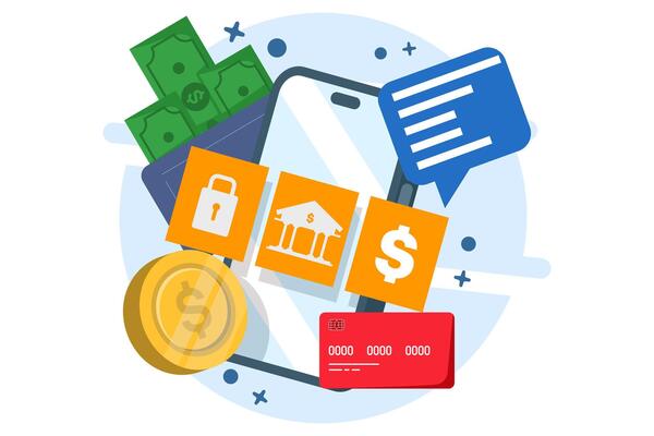 Concept of paying bills with credit card for online shopping. Payment processing, financial transactions, transfers, bank cards, e-wallets for purchasing processes, monetary currencies.