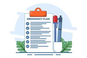 Business emergency plan concept, disaster checklist, business continuity and resilience building, pencil with flashing emergency plan paper. flat illustration. vector