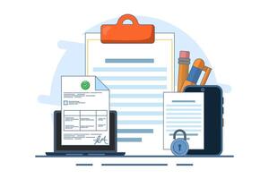Contract Signing Concept. Signing legal documents, electronic contracts, online agreement documents. Reading and signing the terms and conditions of the contract. Flat illustration on background. vector