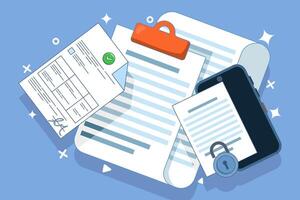 Contract Signing Concept. Signing legal document, electronic contract, online agreement document. Reading and signing the terms and conditions of the contract. Flat web illustration. vector