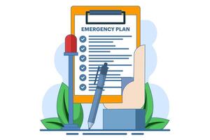 Business emergency plan concept, disaster checklist, business continuity and resilience building concept, pencil with blinking emergency plan paper. flat illustration on background. vector