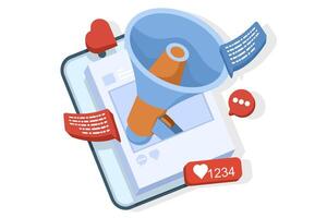 Digital marketing concept with Megaphone loudspeaker to announce digital marketing composition. Sound icons emoji love heart, like, share comment. loudspeaker alert. flat illustration on background. vector