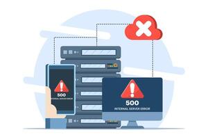Concept 500 Internal server error, Website error, Network error, Cloud computing. Flat illustration for landing page, web design, banner, infographic. vector