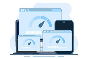 Internet speed concept on smartphone or laptop and computer with internet connection speed test on screen, internet download speed and network performance on flat web page. flat illustration. vector