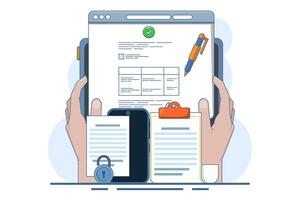 Contract Signing Concept. online agreement document. Reading and signing contract terms and conditions, signing legal documents, electronic contracts. vector