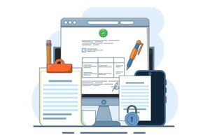 Contract Signing Concept or signing agreement. Online agreement documents. Reading and signing contract terms and conditions, signing legal documents, electronic contracts. vector