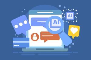 AI chat bot concept for customer support, Online customer help desk, AI solves customer problems, AI based solutions for customers, background illustration with icons. vector