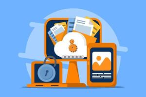 Cloud document security concept, Data stored on secure cloud servers, Cloud storage with password protection, Data security, background illustration. vector