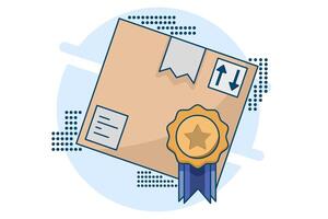 Shipping Box Concept with High Quality Badge. Product Qualification Concept Design. Premium quality product, shipping concept. Badge. Flat illustration on background. vector
