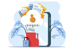 Cloud document security concept, Data stored on secure cloud servers, Cloud storage with password protection, Data security, background illustration. vector