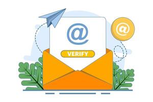 Email verification concept. receiving incoming email. Sending and receiving verification emails. Can be used for web pages, banners, mobile apps. Flat illustration on background. vector
