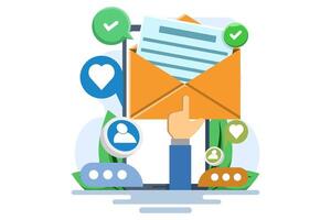 Email marketing strategy concept, Email campaign, Sending emails to potential customers, Newsletter marketing, Sharing advertising messages on social media, Internet network communication. Flat vector