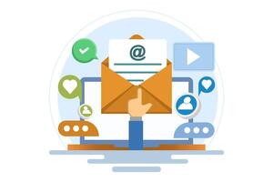 Marketing strategy concepts using email, Email campaigns, Sending emails to potential customers, Newsletter marketing, Sharing advertising messages on social media, Internet network communication. vector