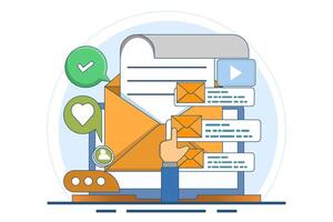 Email marketing strategy concepts, Newsletter marketing, Sharing advertising messages on social media, Email campaigns, Sending emails to potential customers, Online communication. vector