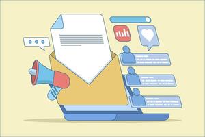 concept of sending promotions to customers. email marketing campaign, open email envelope, email campaign with newsletter, letter with online business offer. flat illustration. vector