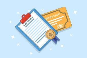 document concept with license, certificate and medal. Achievement icon. Award icon. Diploma, certificate or diploma icon with background. completing education or learning. flat illustration. vector