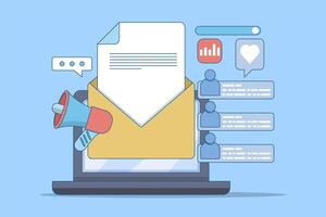 concept of sending promotions to customers. email marketing campaign, Open email envelope, Email marketing campaign with newsletter, letter with online business offer. flat . vector