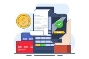 Concept of e-payment, mobile banking, billing, invoice, online bill payment with icons. Online payment and digital billing. Mobile banking app and debit card payment. Flat illustration. vector