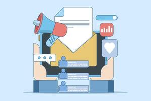 concept of sending promotions to customers. email marketing campaign, open email envelope, email campaign with newsletter, letter with online business offer. flat illustration. vector