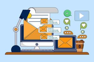 Email marketing strategy concept, Email campaign, Sending emails to potential customers, Newsletter marketing, Sharing advertising messages on social media, Internet network communication. vector