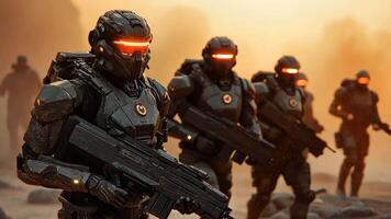 Army of space marines walking in the desert, cyborgs, robots army video