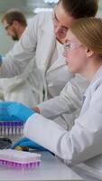 uma equipe do cientistas trabalhando com uma pessoal computador análises dados a partir de ensaios do uma Novo geração do drogas. elas trabalhos dentro uma moderno laboratório médico Centro video