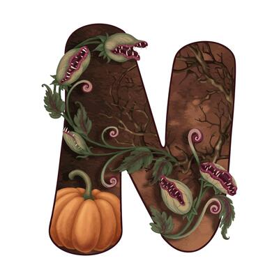 Letter N Halloween doodle illustration with carnivorous plant in cartoon style. Hand drawn dark brown alphabet. Isolated drawing perfect for autumn font graphic and spooky season card designs.