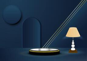 Golden color cylinder beside a golden color table lamp on a dark blue background with natural shadows. Perfect three dimensional illustration for showing your products. vector