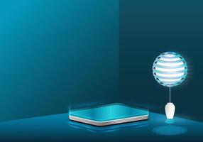 Stage pedestal beside a table lamp on a dark blue background with natural shadows. Perfect three-dimensional illustration for showing your products. vector