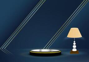 Golden color cylinder near a table lamp on a dark blue background . Perfect three dimensional illustration for showing your products. vector