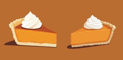 illustration of a slice of pumpkin pie with a dollop of whipped cream on brown background vector