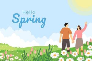 Flat design spring background with flowers and couples vector