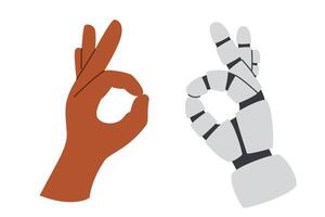 Technology concept. AI concept. Robots and human hands gestures showing OK isolated on white background. The concept of human-artificial intelligence interaction. vector
